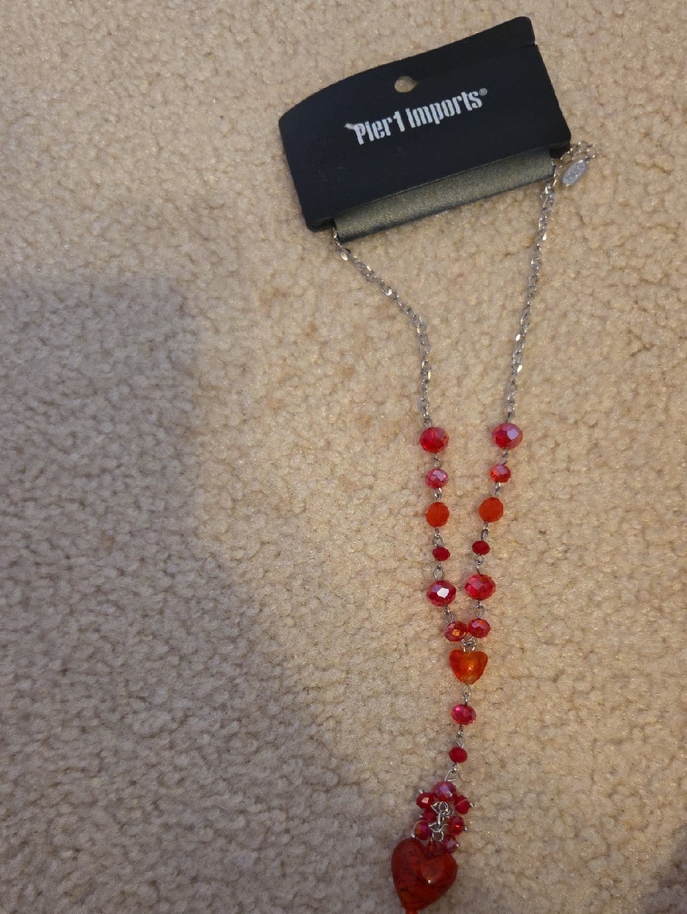 Pier 1 Multitone Red and Orange Beaded Heart Drop Necklace